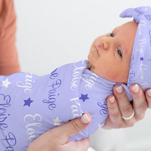 Baby Girl Purple Star Swaddle Blanket Headband Set Personalized Baby Name Swaddle Hat Headband Newborn Going Home Outfit Knotted Baby Hat