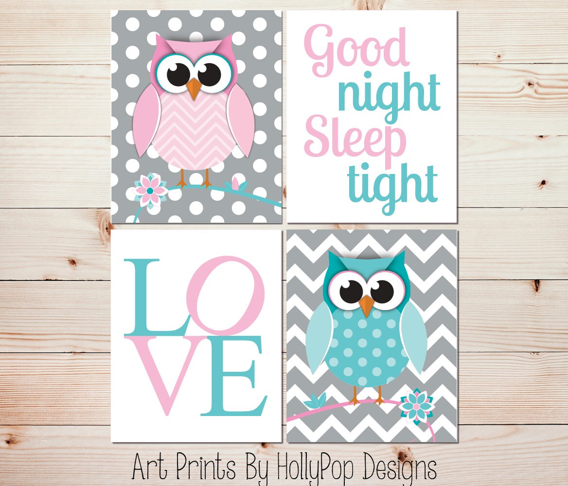 Owl Nursery Wall Art Girls Room Owl Decor Pink Aqua Wall Art Etsy