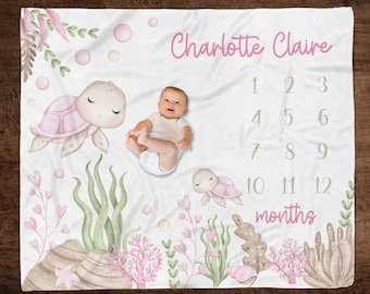 GIRL SEA TURTLE Milestone Blanket Personalized Pink Sea Turtle Growth Blanket, Baby Girl Custom Milestone, Pink Under the Sea Girl Keepsake