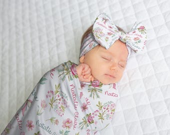 Personalized Baby Girl Blanket, Floral Baby Name Swaddle Set, Custom Newborn Gown Bow Hat, Vintage Pink Bow Baby Blanket, Baby Shower Gift