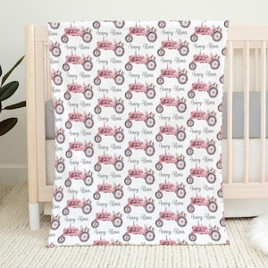 Baby Girl Pink Tractor Blanket, Personalized Tractor Baby Blanket, Girl Farm Blanket, Pink Floral Tractor, Baby Name Blanket, Gray Sherpa