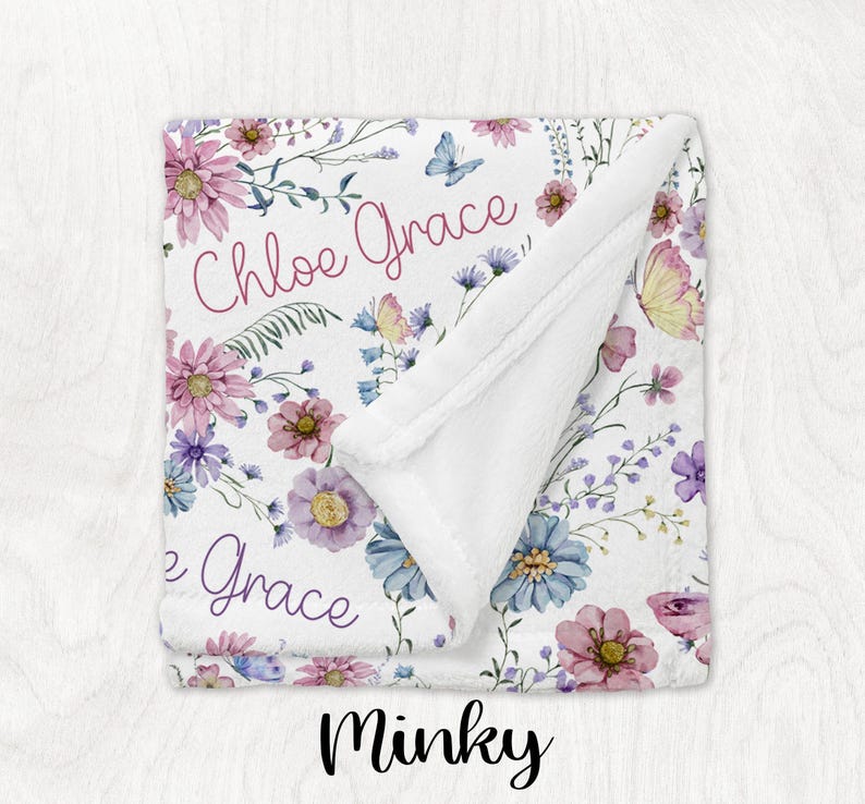 WILDFLOWER BABY GIRL Blanket, Personalized Girl Name Blanket, Custom Toddler Girl Gift, Wild Flower Baby Shower Gift, Wildflower Nursery image 4