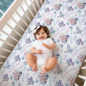BABY GIRL DRAGON Crib Sheets, Personalized Dragon Nursery Set, Purple Teal Dragon Baby Girl Gift, Baby Name Crib Bedding Set, Newborn Gift