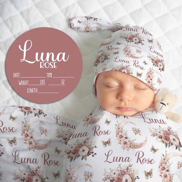 BOHO MOON BABY Girl Swaddle Blanket, Personalized Baby Swaddle, Swaddle Headband Sign Set, Baby Gift Bundle, Knotted Baby Hat Blanket Set