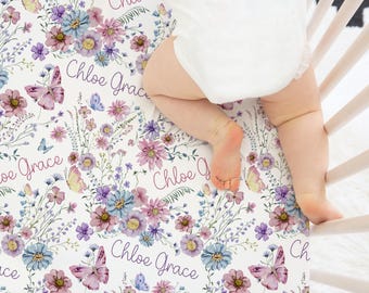 CUSTOM WILDFLOWER CRIB Sheets, Baby Girl Floral Crib Sheets, Personalized Nursery Bedding, Wildflower Nursery Minky Swaddle New Baby Gift