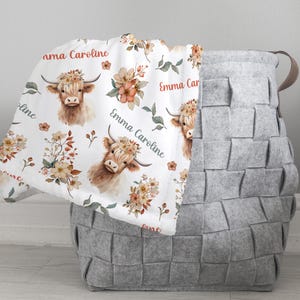 GIRL HIGHLAND COW Baby Blanket, Floral Highland Cow Personalized Blanket, Toddler Girl Birthday Gift Farm Nursery Newborn Blanket, Baby Gift image 4