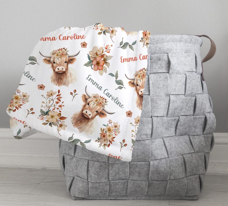 GIRL HIGHLAND COW Baby Blanket, Floral Highland Cow Personalized Blanket, Toddler Girl Birthday Gift Farm Nursery Newborn Blanket, Baby Gift image 4