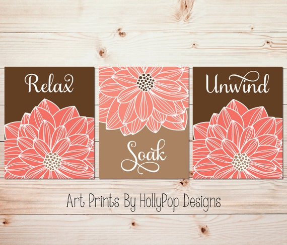 Relax Soak Unwind Bathroom Wall Art Coral Brown Bathroom Decor Etsy