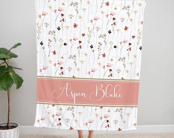 WILDFLOWER BABY NAME Blanket, Baby Girl Flower Blanket, Wildflower Nursery Baby Girl Gift, Toddler Girl Name Blanket, Girl Birthday Gift