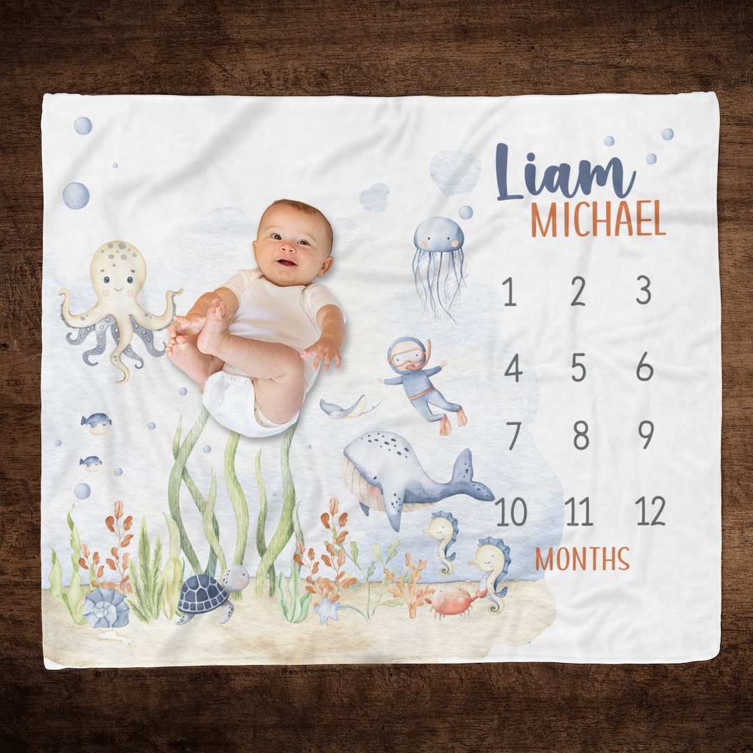 Under the Sea Milestone Blanket, Boy Ocean Animals Milestone Blanket ...