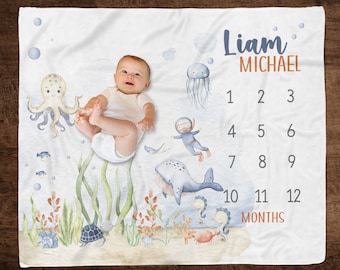 Under the Sea Milestone Blanket, Boy Ocean Animals Milestone Blanket, Under The Sea nursery, Baby Growth Blanket, Newborn Ocean Blanket