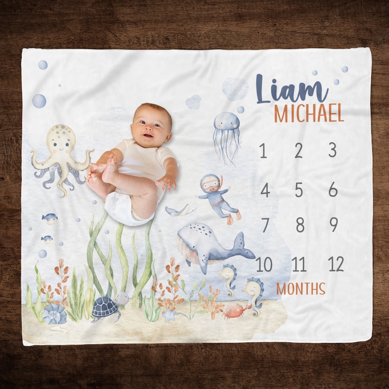 Under the Sea Milestone Blanket, Boy Ocean Animals Milestone Blanket ...