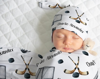 ICE HOCKEY SWADDLE Blanket, Baby Boy Personalized Hockey Blanket, Ice Hockey Baby Boy Gift, Baby Name Swaddle Blanket, Blanket Baby Hat Set