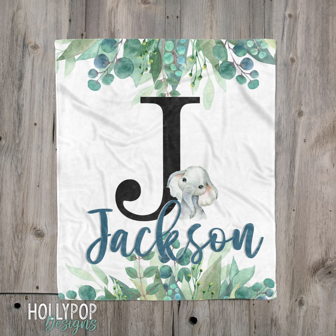Baby Boy Elephant Blanket, Greenery Monogram Blanket, Personalized Boy