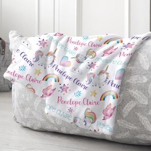 Pink Purple Unicorn Blanket, Rainbow Unicorn Baby Name Blanket, Personalized Baby Girl Blanket, Custom Girl Name Blanket, Toddler Girl Gift