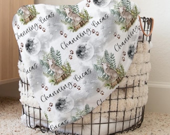 PERSONALIZED WOLF BABY Blanket, Baby Boy Woodland Theme Blanket, Howling Wolf Baby Name Blanket, Baby Shower Gift Woodland Nursery Baby Gift