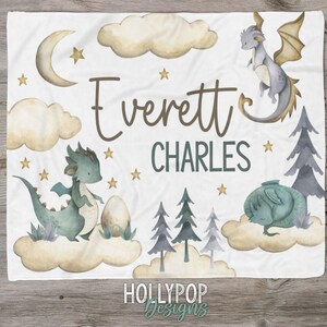 Baby Boy Personalized Dragon Blanket, Dragon Nursery Baby Blanket, Custom Name Baby Boy Name Blanket, FairyTale Dragons, Toddler Boy Blanket image 3