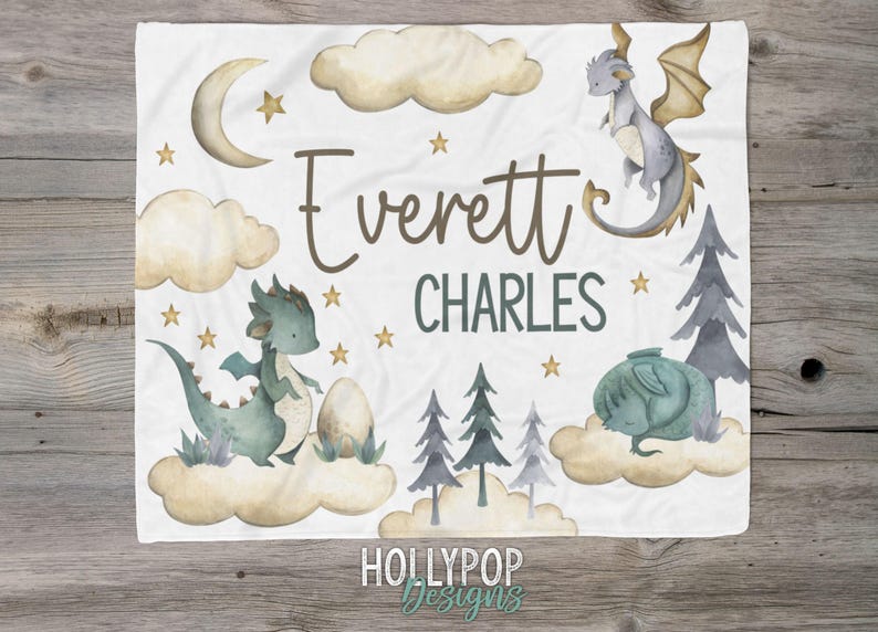 Baby Boy Personalized Dragon Blanket, Dragon Nursery Baby Blanket, Custom Name Baby Boy Name Blanket, FairyTale Dragons, Toddler Boy Blanket image 3