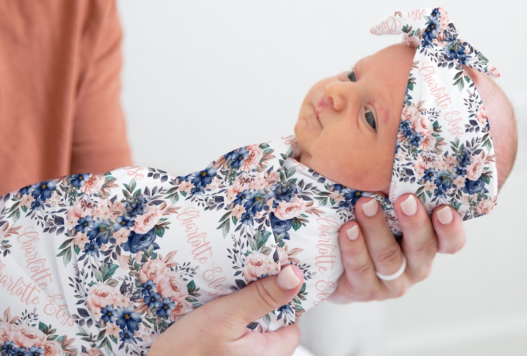 4-PACK SWADDLE & HEADBAND SETS (Navy Floral)