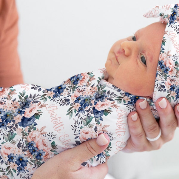 Peach Blue Floral Swaddle Headband Set, Floral Swaddle Blanket, Baby Girl Knotted Hat, Floral Infant Girl Knotted Beanie, Tie Knot Headband