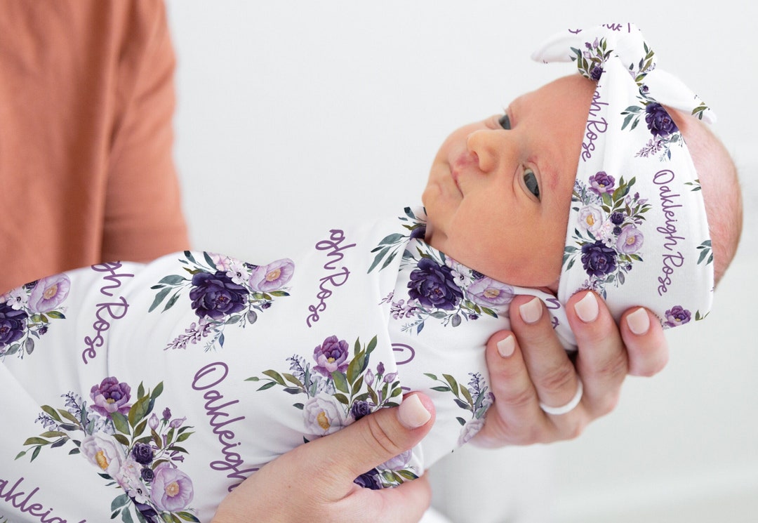 Purple Floral Baby Girl Swaddle Set, Swaddle Blanket Knotted Hat, Baby
