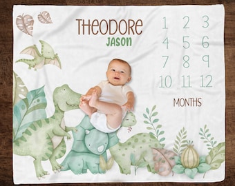 Baby Boy Dinosaur Milestone Blanket, Personalized Name Dino Blanket, T Rex Milestone Blanket, Baby Month Blanket, Month to Month Baby Growth