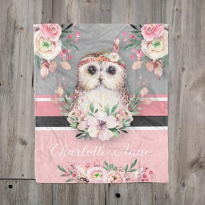 Pink Gray Woodland Owl Blanket, Personalized Baby Girl Blanket, Floral Owl Toddler Girl Blanket, Baby Shower Gift, Custom Baby Name Blanket