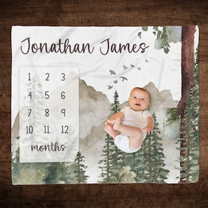 Mountain Range Milestone Blanket, Baby Boy Milestone, Personalized Monthly Growth Blanket, Forest Woodland Theme, Baby Boy Growth Blanket