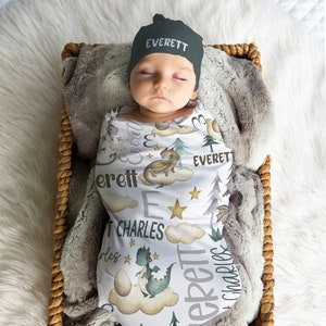 BABY BOY DRAGON Swaddle Blanket Baby Hat Newborn Baby Dragon Blanket Baby Custom Name Swaddle Set Dragon Baby Boy Gift Hospital Coming Home