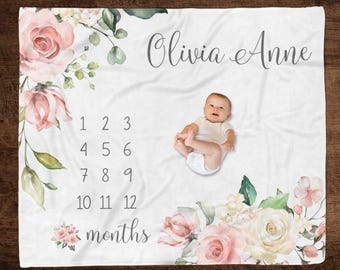 Personalized Floral Baby Milestone Blanket, Watercolor Growth Chart