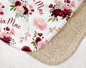 Burgundy Floral Personalized Baby Blanket, Fleece Minky Sherpa, Personalized Girl Gift