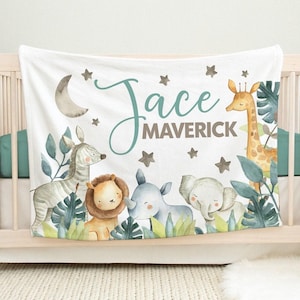 PERSONALIZED BABY BOY Blanket, Safari Animal Blanket, Jungle Baby Blanket with Name, Safari Baby Blanket, Baby Boy Personalized Safari Gift