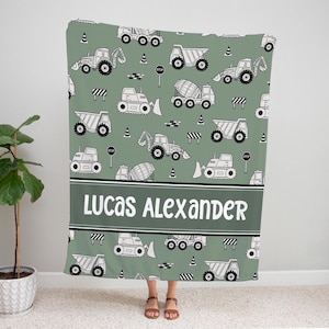 TODDLER BOY CONSTRUCTION Blanket, Personalized Baby Name Blanket, Construction Baby Boy Gift, Green Toddler Name Blanket, Construction Throw
