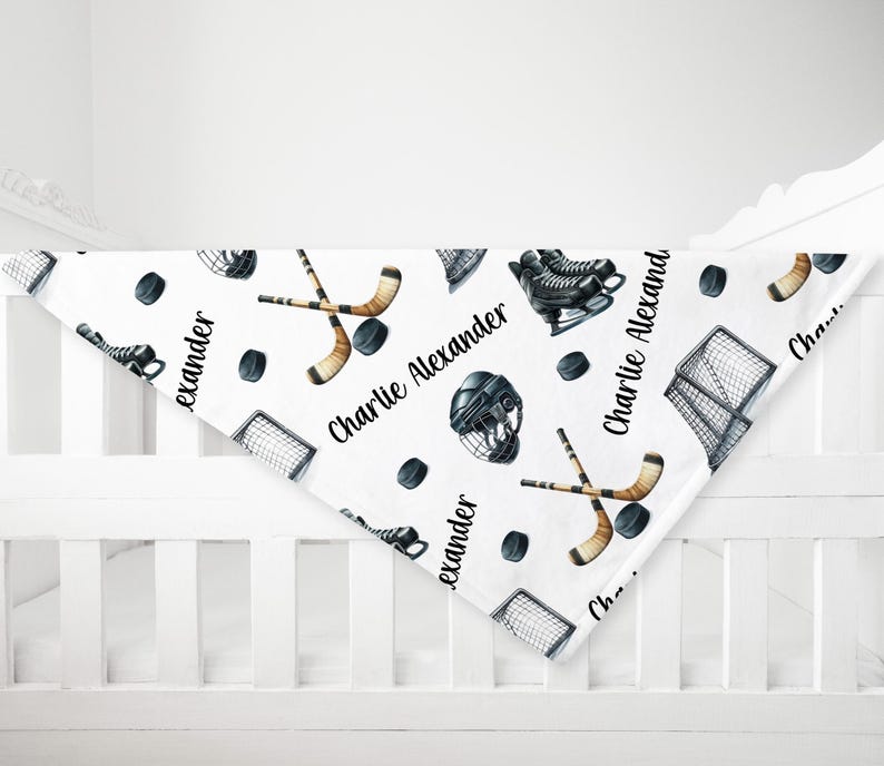 PERSONALIZED ICE HOCKEY Blanket, Baby Boy Hockey Blanket, Hockey Stick Puck Blanket, Custom Toddler Boy Name Blanket, Hockey Theme Nursery bild 2
