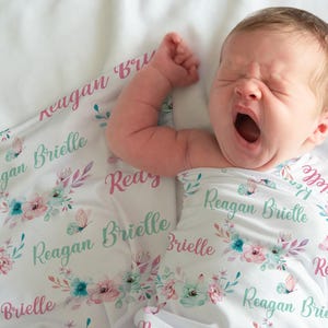 Personalized Floral Baby Name Blanket, Pink Mint Floral Butterfly Blanket, Custom Name Girl Blanket, Baby Shower Gift, Girl Swaddle Blanket
