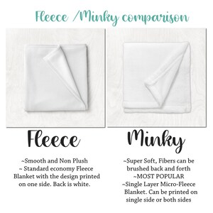 May include: Comparison image of a white fleece blanket and a white minky blanket. The fleece blanket is smooth, while the minky blanket is super soft. Text at the top reads "Fleece / Minky comparison".