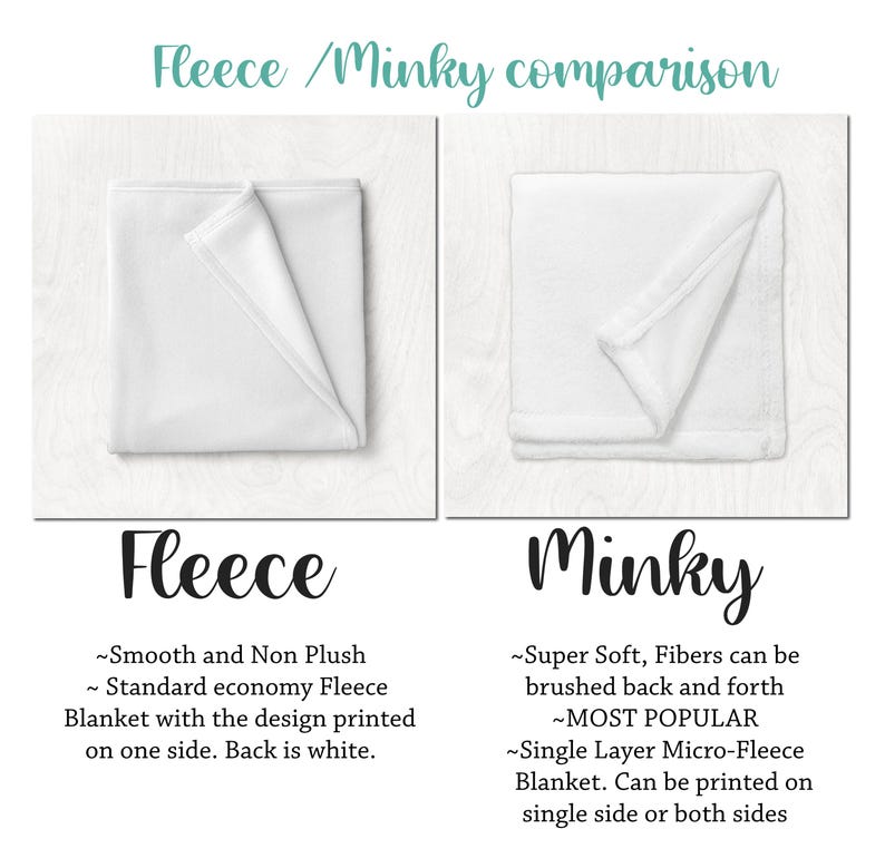 May include: Comparison image of a white fleece blanket and a white minky blanket. The fleece blanket is smooth, while the minky blanket is super soft. Text at the top reads "Fleece / Minky comparison".