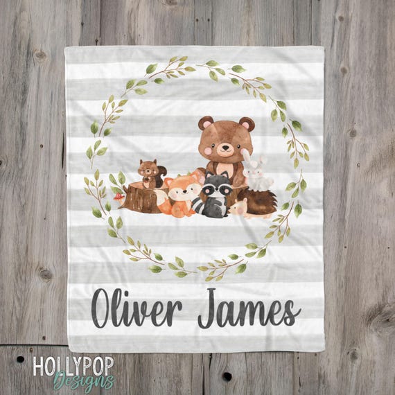 Personalized Baby Boy Woodland Blanket, Gray Striped Minky Blanket