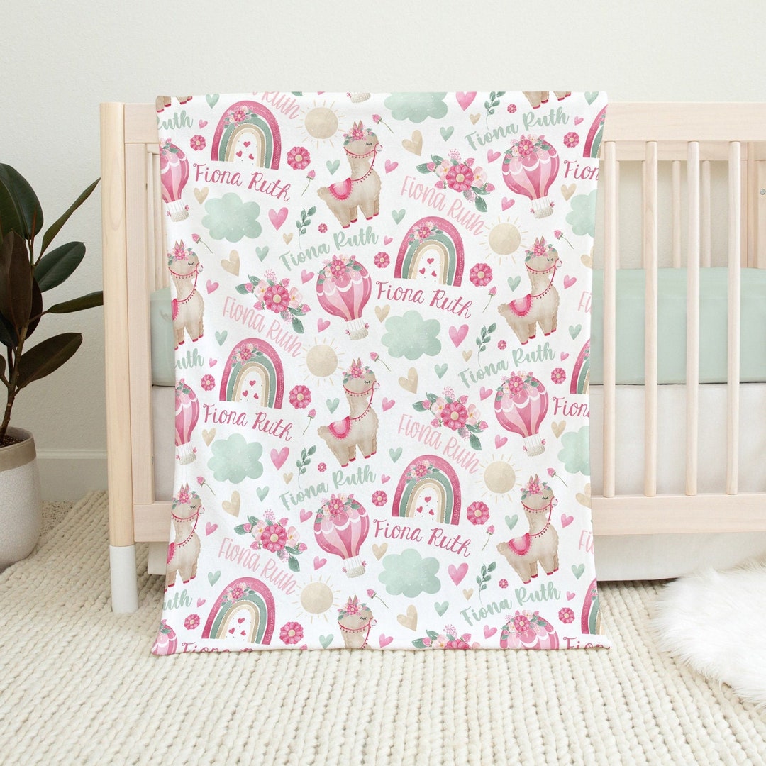 Llama Baby Blanket, Personalized Floral Llama Girl Blanket, Baby Girl
