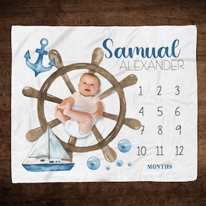 Baby Boy Nautical Milestone Blanket, Sailboat Anchor Baby Growth Blanket, Custom Name Personalized Boy Miletone, Monthly Growth Blanket,