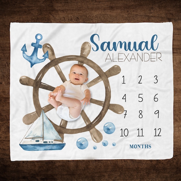 Baby Boy Nautical Milestone Blanket, Sailboat Anchor Baby Growth Blanket, Custom Name Personalized Boy Miletone, Monthly Growth Blanket,