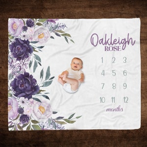 PURPLE FLORAL MILESTONE Baby Girl Blanket, Personalized Floral Baby Growth Photo Blanket, Newborn Girl Custom Name Gift, Baby Keepsake Gift