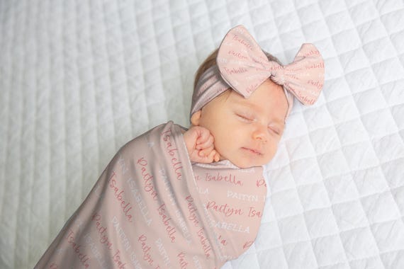 PERSONALIZED BABY NAME Swaddle Blanket, Baby Girl Custom Name Gown, Baby Bow Headband, Gown Bow Swaddle, Gift for New Mom, Baby Shower Gift