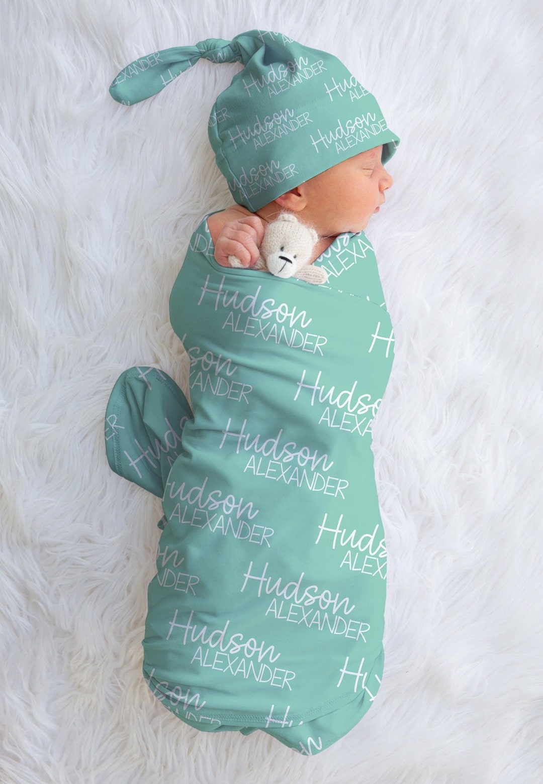 Personalized Baby Name Swaddle Hat Headband Set, Baby Boy Swaddle