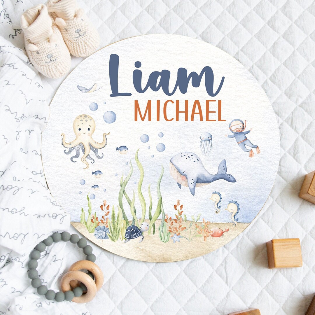 Under the Sea Baby Name Round Wood Sign, Ocean Theme Round Nursery Name ...