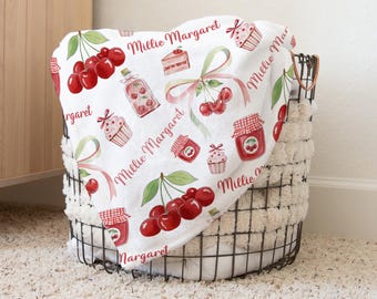 Personalized Baby Girl Blanket, Coquette Cherry Name Blanket with Bows & Sweet Treats, Custom Nursery Blanket, Trendy Baby Girl Gift