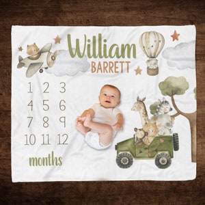 Baby Boy Personalized Safari Adventure Milestone Blanket Safari Animals Name Blanket Baby Month Growth Blanket Custom Name Boy Milestone