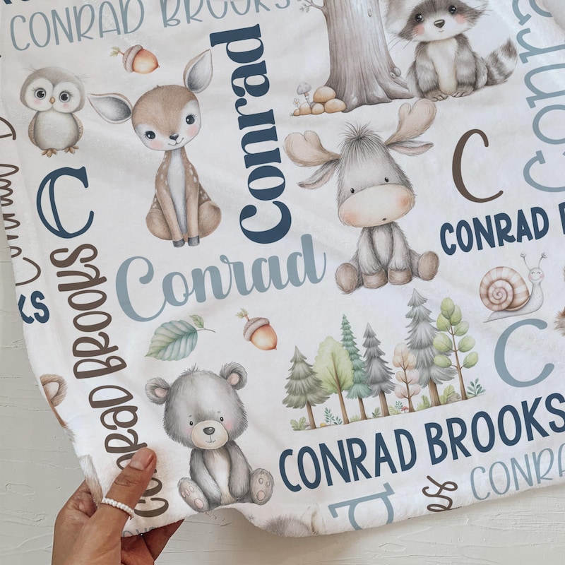 🎁BUY 2 FREE SHIPPING🎁Personalized Woodland Animals Baby Blanket, Baby Boy Custom Name Blanket Bear Moose Fox, Woodland Nursery Gender Neutral Custom Baby Gift
