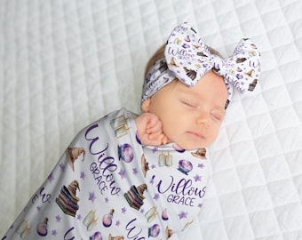 Personalized Wizard Baby Girl Swaddle Blanket, Sleeper Gown, Hat Headband Option