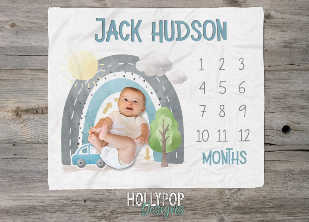 Boy Rainbow Milestone Blanket, Transportation Baby Blanket, Rainbow